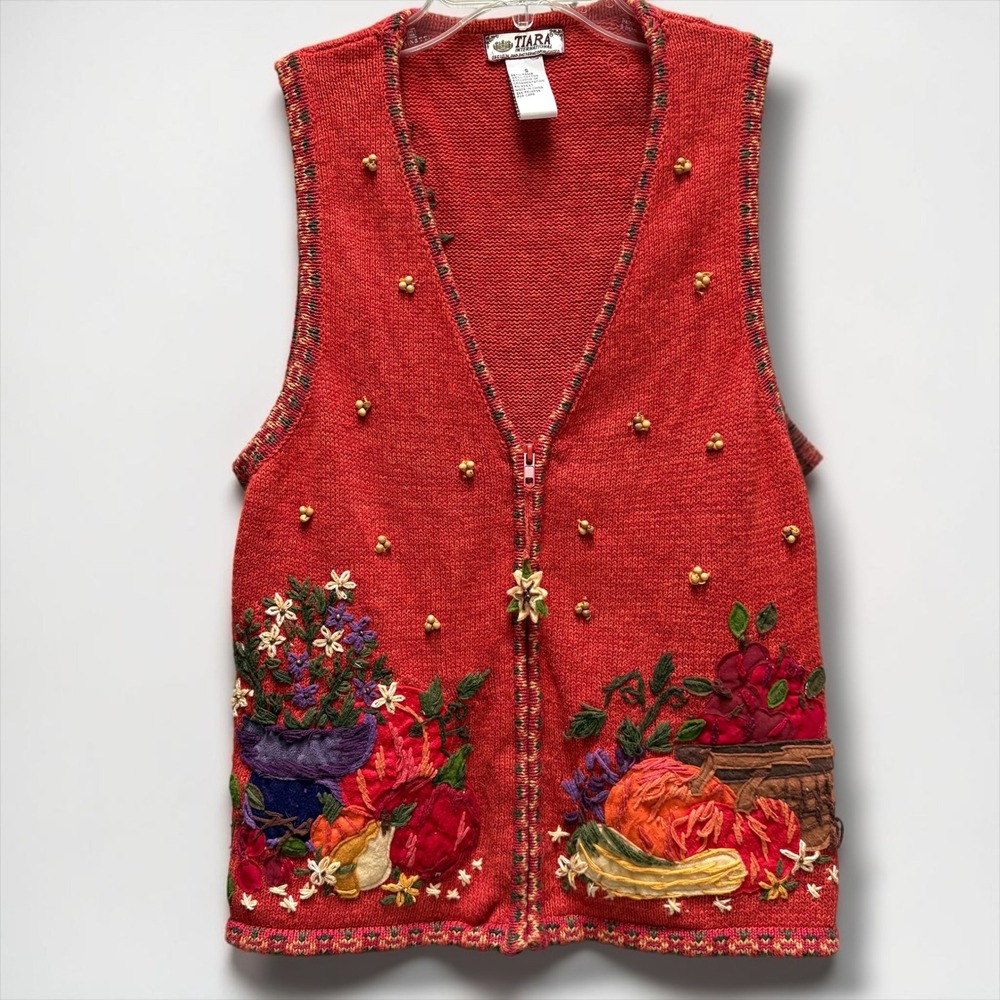 Tiara International Womens Small Orange Harvest Embroidered Zip Front Vest - Picture 1 of 6